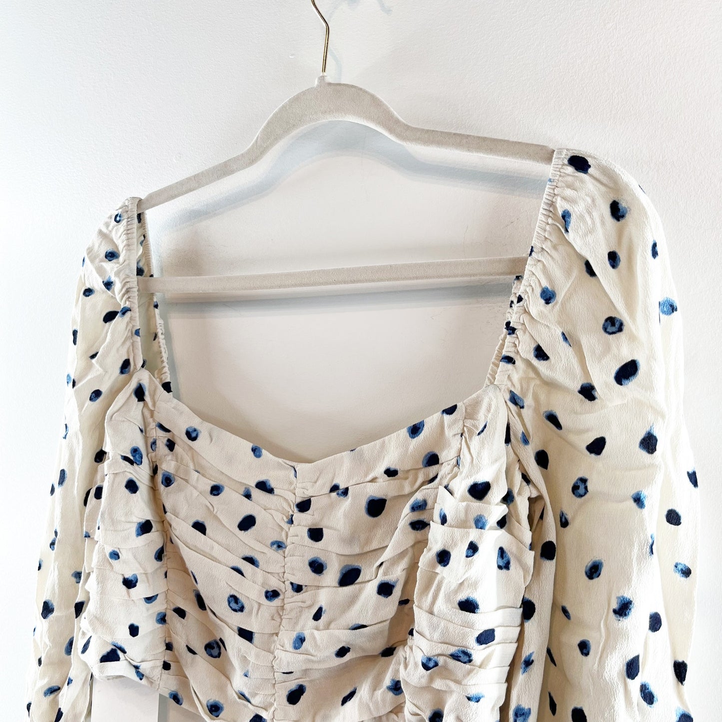 Wilfred Puff Sleeve Polka Dot Crop Lolita Blouse Birch Classic Navy Large NWT