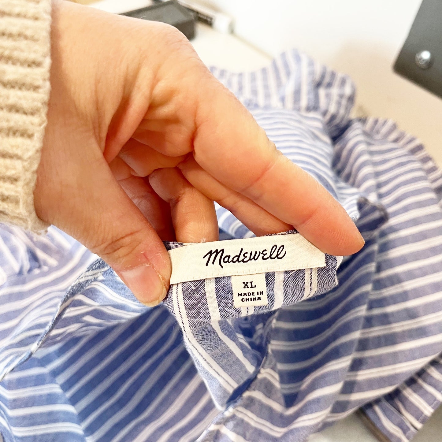 Madewell Flutter Sleeve Smocked Waist Striped Top Blue XL