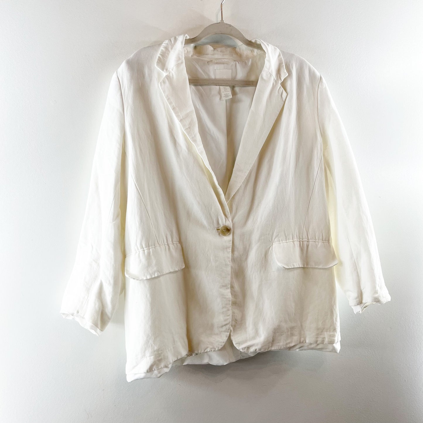 H&M Linen Blend Long Sleeve Notch Lapel Single Breasted Blazer White Large