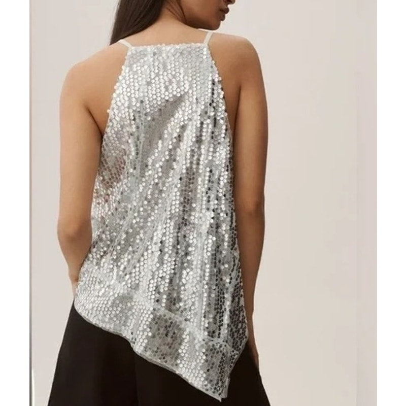 Anthropologie Sequin Square Neck Asymmetrical Hem Tank Top Blue XL