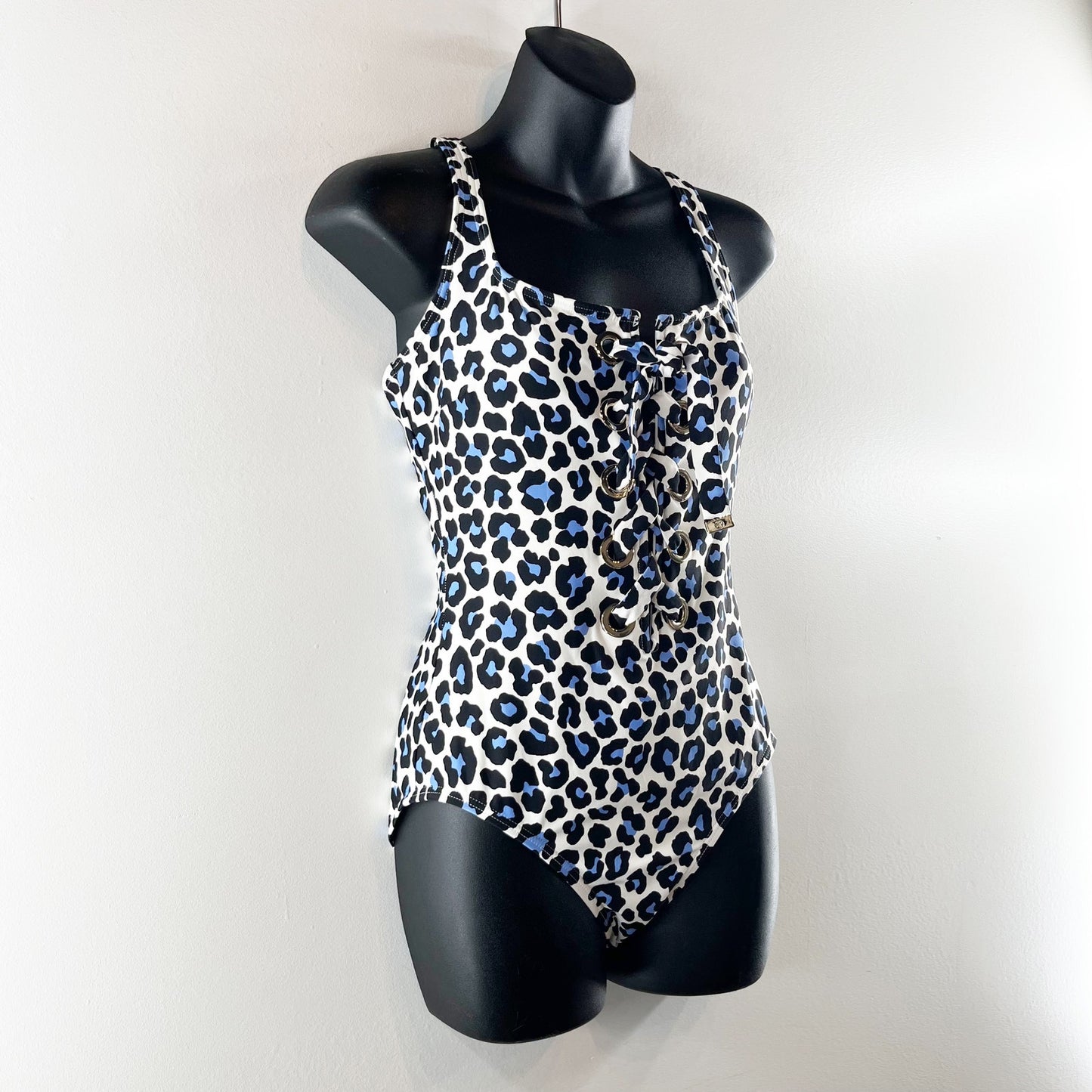Michael Kors Leopard Lace Up One Piece Low Scoop Back Swimsuit Blue White 12