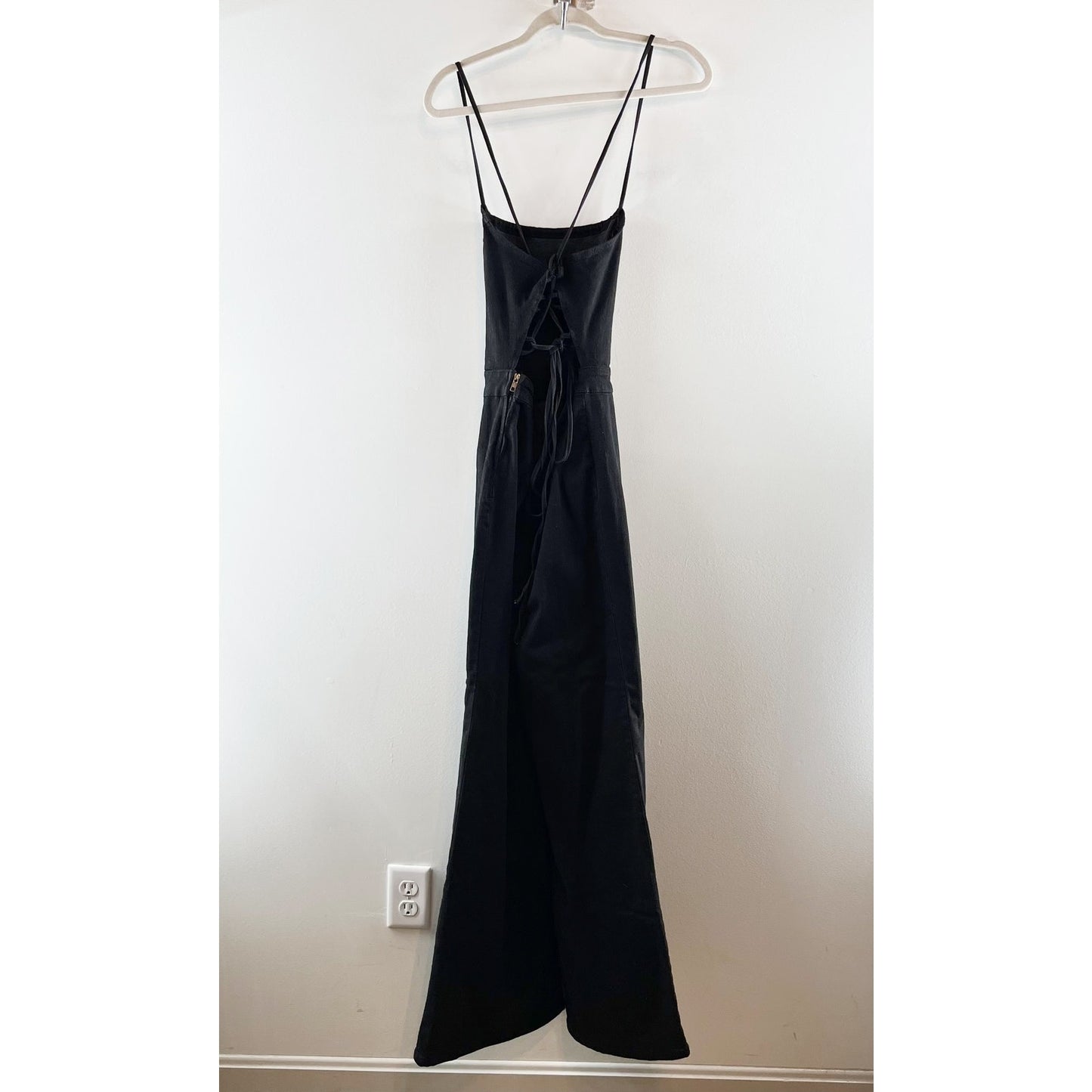 Good American Vacay Palazzo Strappy Back Wide Leg Denim Jumpsuit Black Large