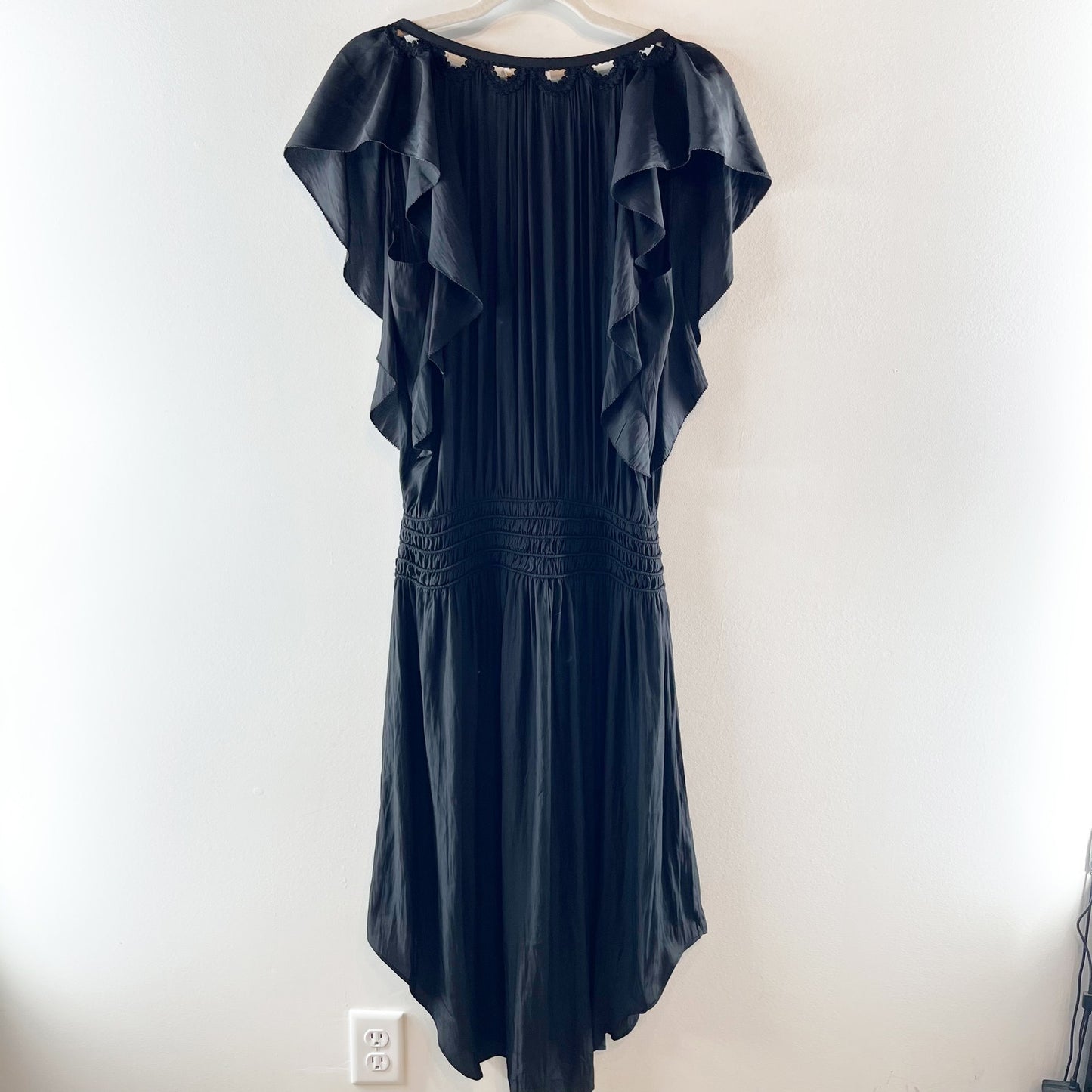 Ramy Brook Wrenn Flutter Sleeve Smocked Waist Midi Satin Dress Black Medium