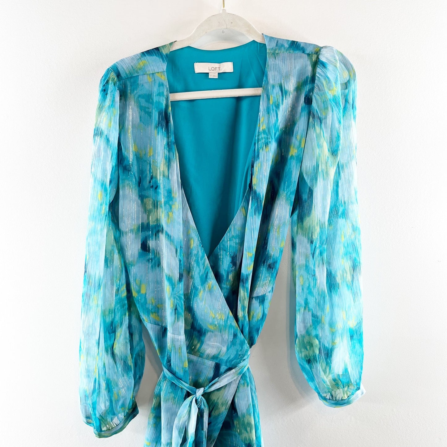 Loft Watercolor Floral Chiffon Puff Long Sleeve Midi Wrap Dress  Blue 10