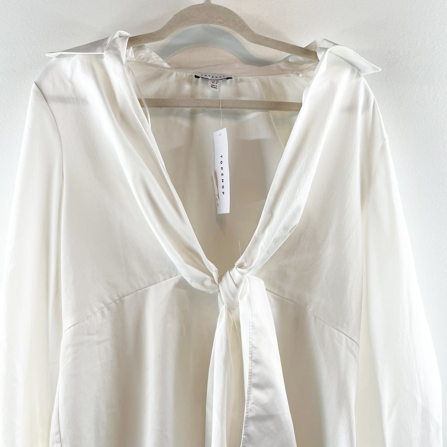 Topshop Long Sleeve Mini Twist Front Satin Shirt Dress White 12