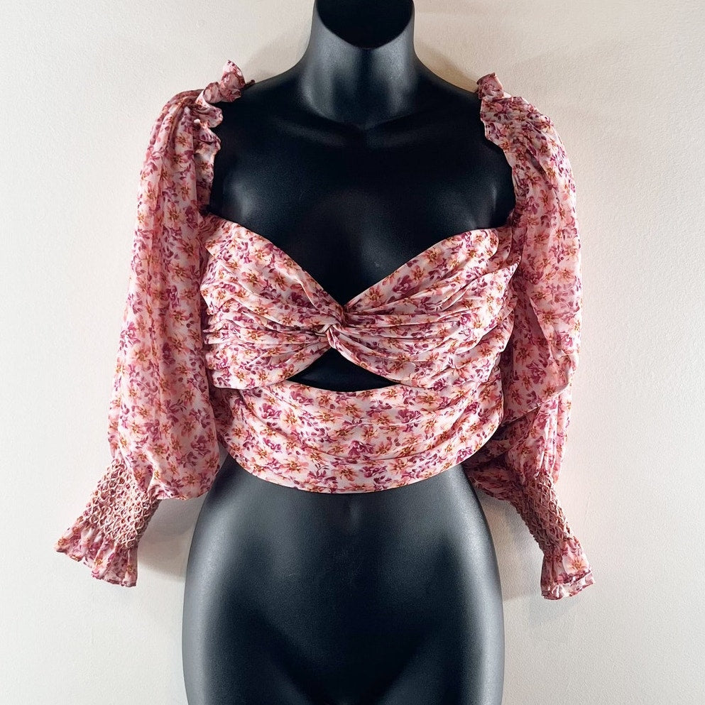 AMUR Hilda Floral Off-The-Shoulder Sweetheart Neck Crop Blouse Top Pink Large