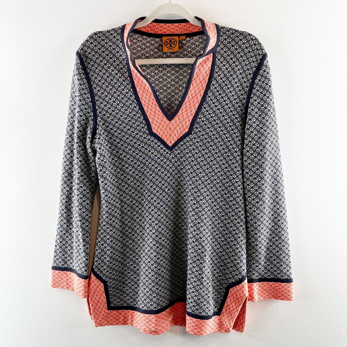 Tory Burch Colorblock Geometric Knit Tunic Sweater Top Blue Orange Small