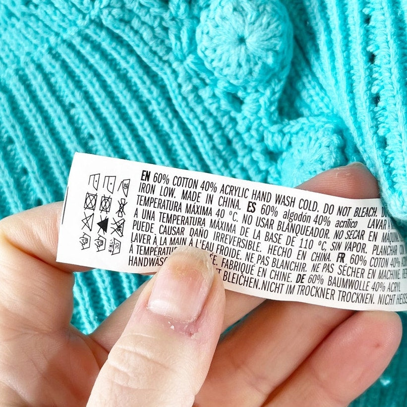 English Factory Puff Sleeve V-Neck Crop Knit Cardigan Sweater Turquoise Medium