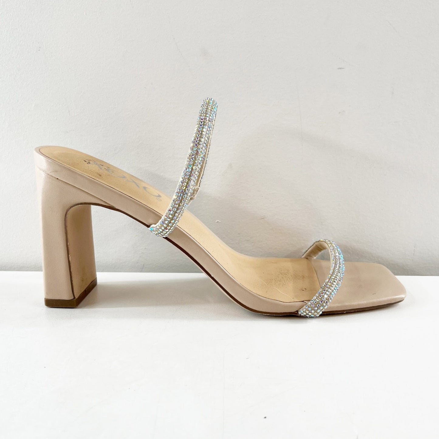 XOXO Folee Double Rhinestone Square Toe Block Heel Sandals Nude 7.5
