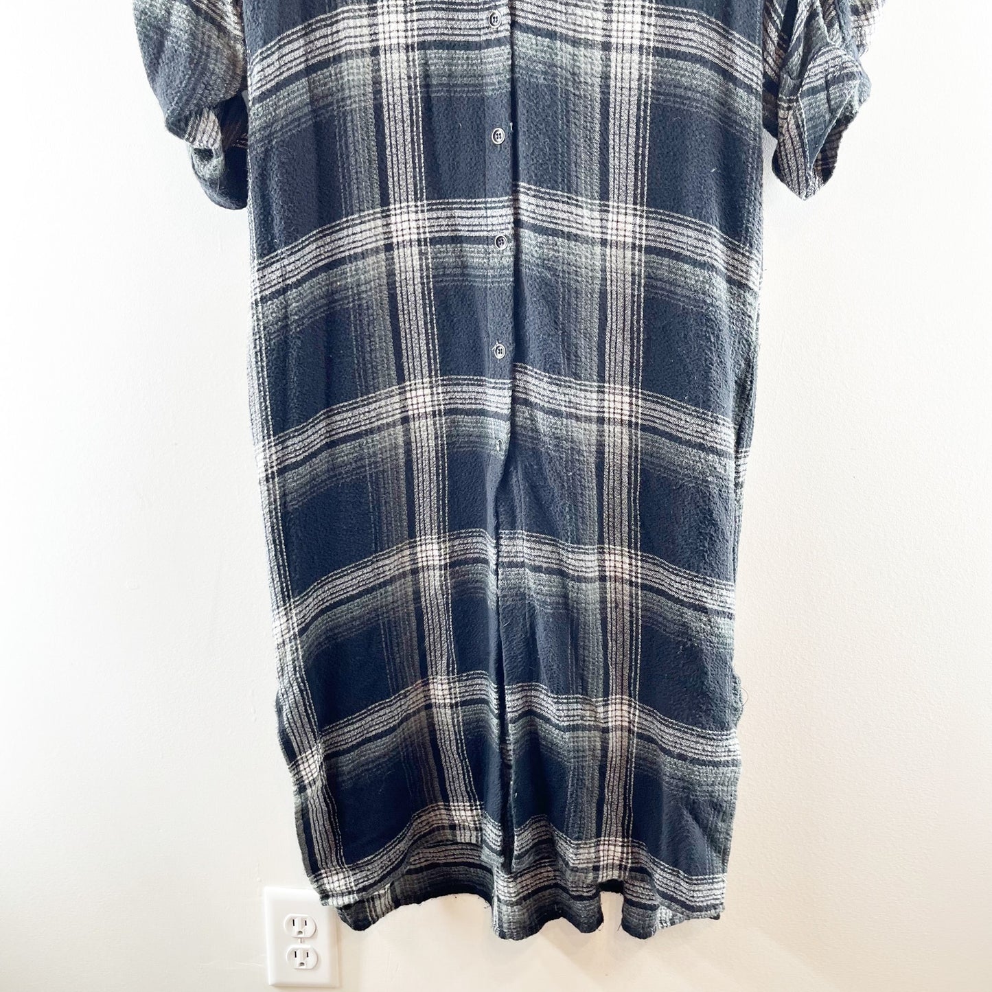 Cloth & Stone Cotton Plaid Flannel Button Up Midi Shirt Dress Black Gray Small