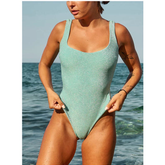 Berlook The Backless Lurex One-Piece Swimsuit Shimmer Cyan Teal XL