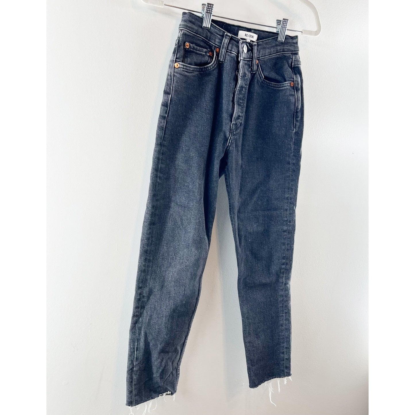 Re/Done 90s High-Rise Button Fly Ankle Frayed Hem Cropped Skinny Jeans Black 25