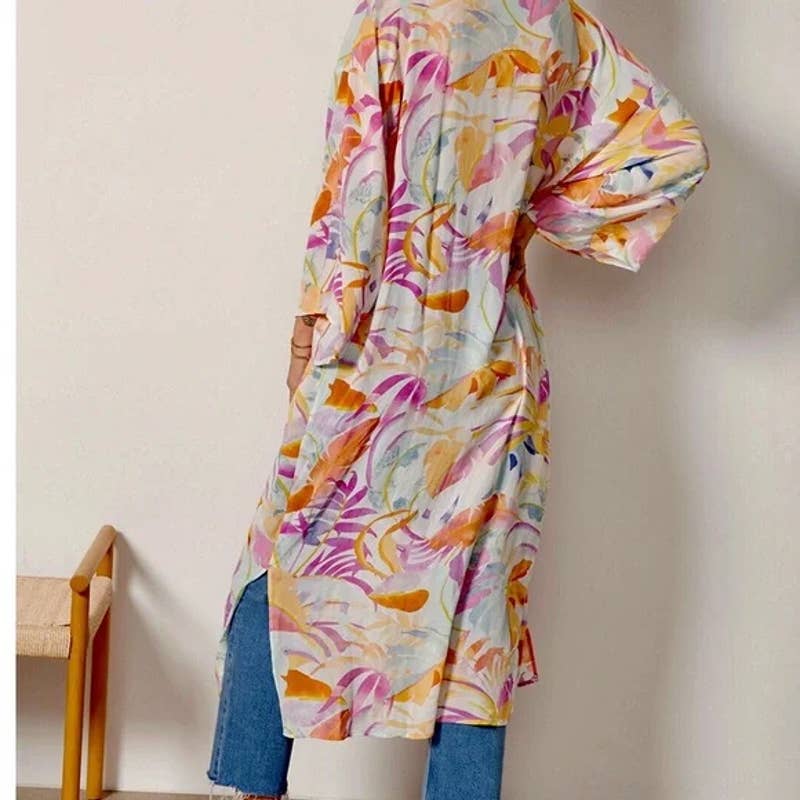Z Supply Tropical Palm Print 3/4 Sleeve Open Front Maxi Wrap Top Whiteshell M