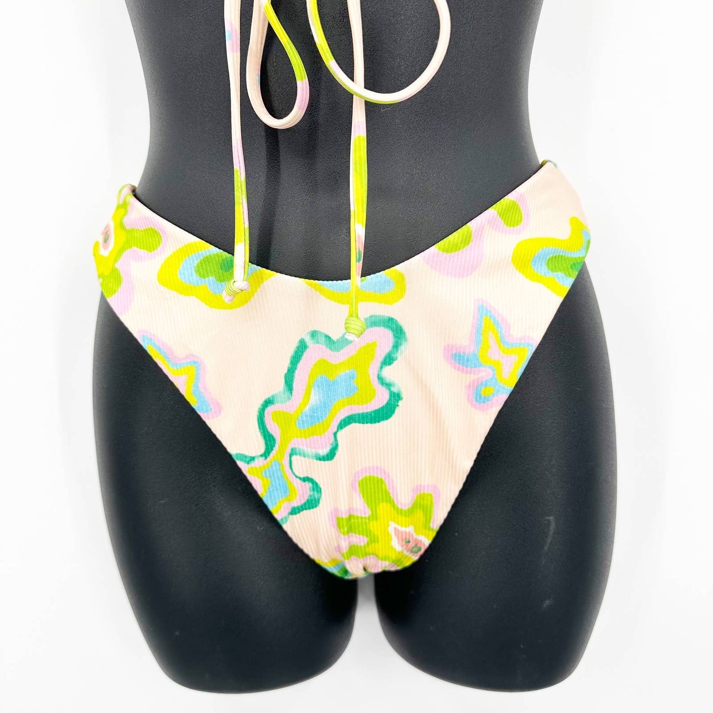 Zaful Ribbed Bandeau Tie Front Cheeky Floral Bikini Swimsuit Pink Green Small