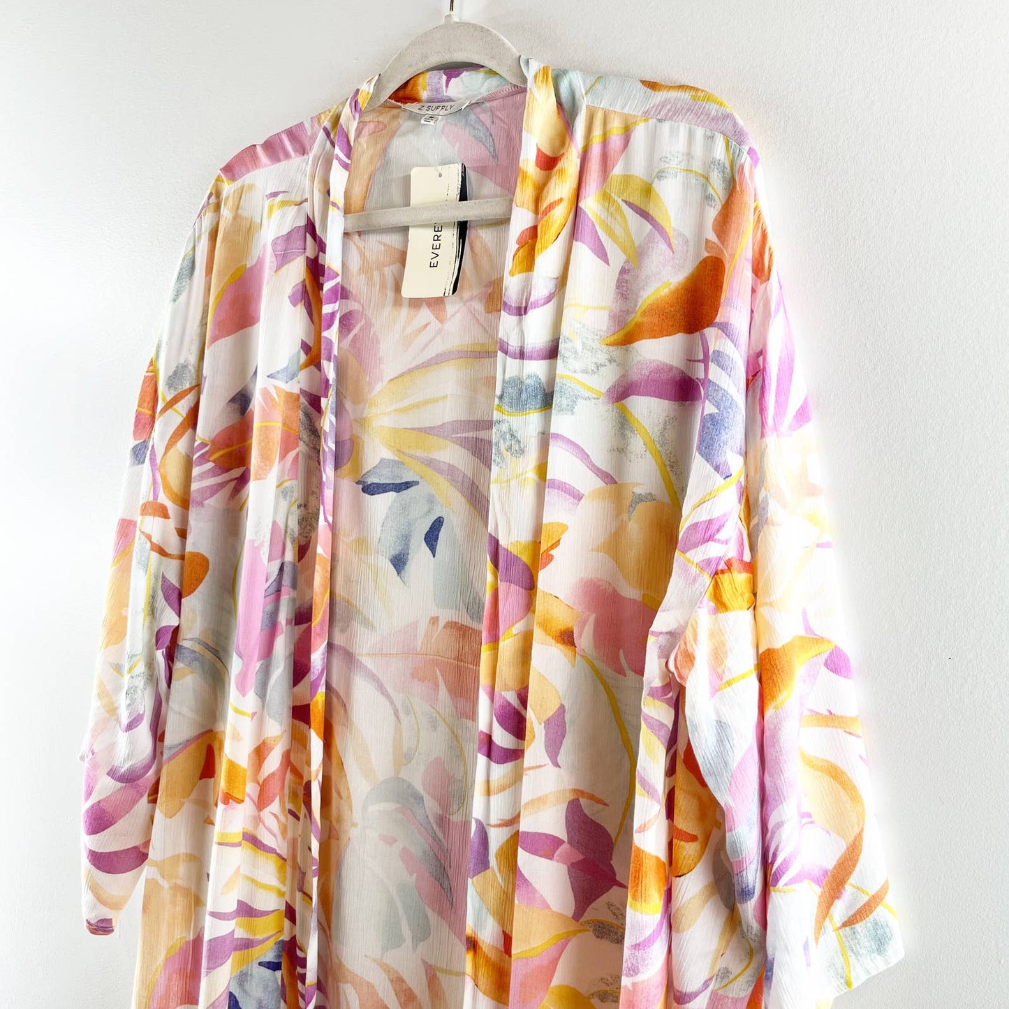 Z Supply Tropical Palm Print 3/4 Sleeve Open Front Maxi Wrap Top Whiteshell M