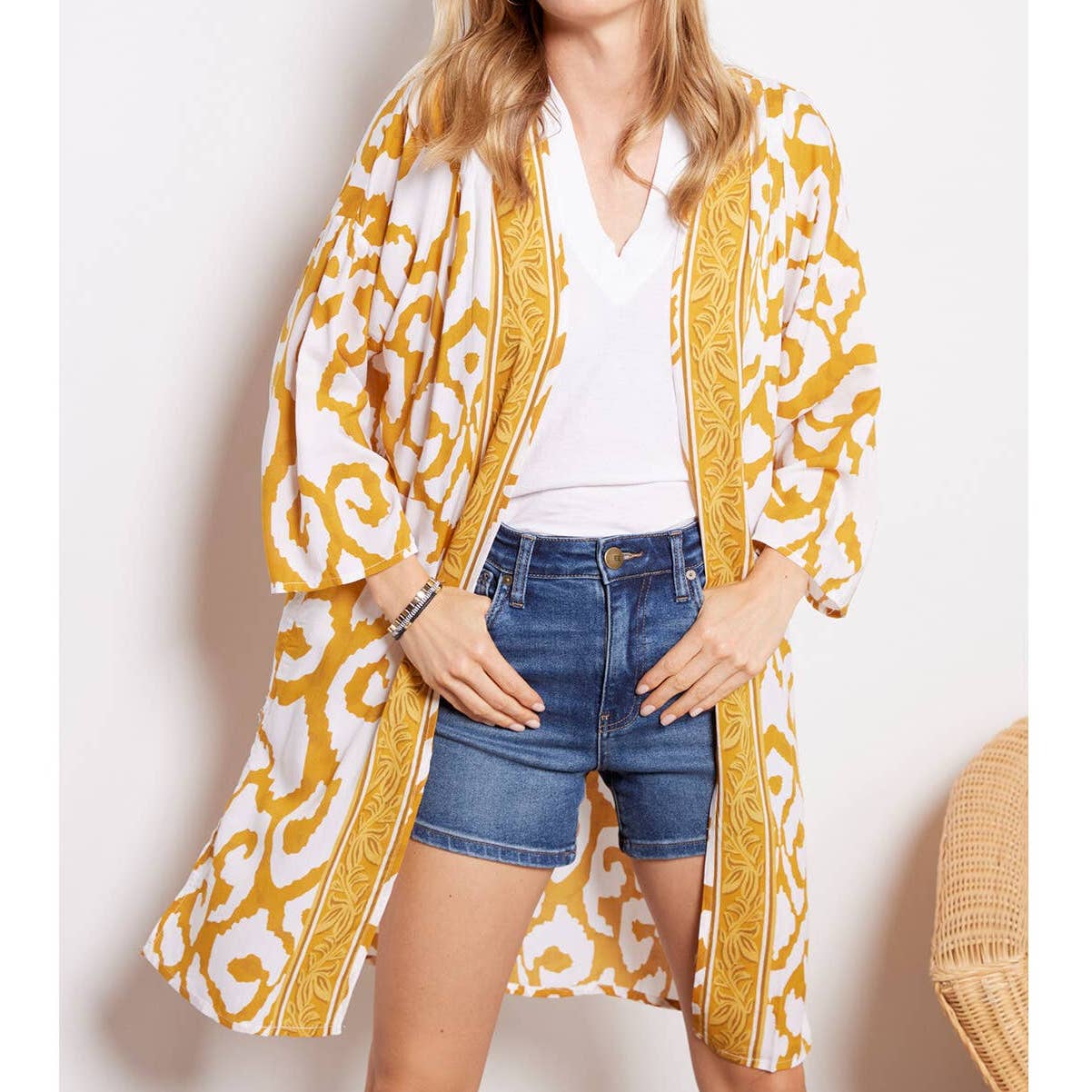 Tolani 3/4 Sleeve Open Front Sahara Duster Kimono Yellow Gold White One Size