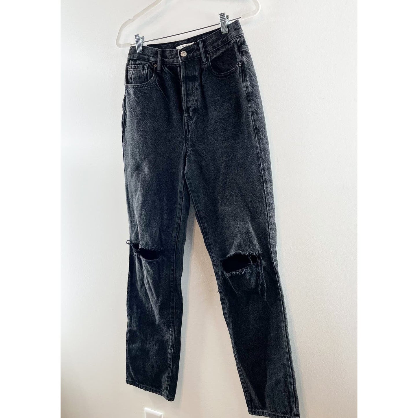 PacSun High Rise Distressed Button Fly Straight Leg Dad Jeans Black 27 / 4