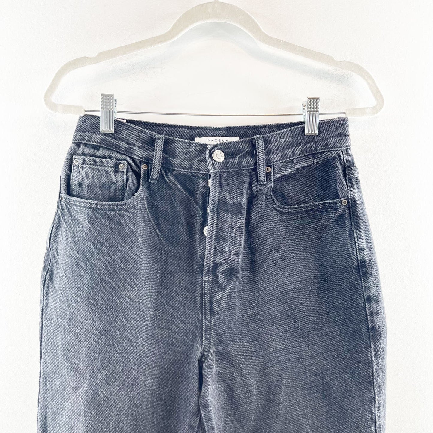 PacSun High Rise Distressed Button Fly Straight Leg Dad Jeans Black 27 / 4