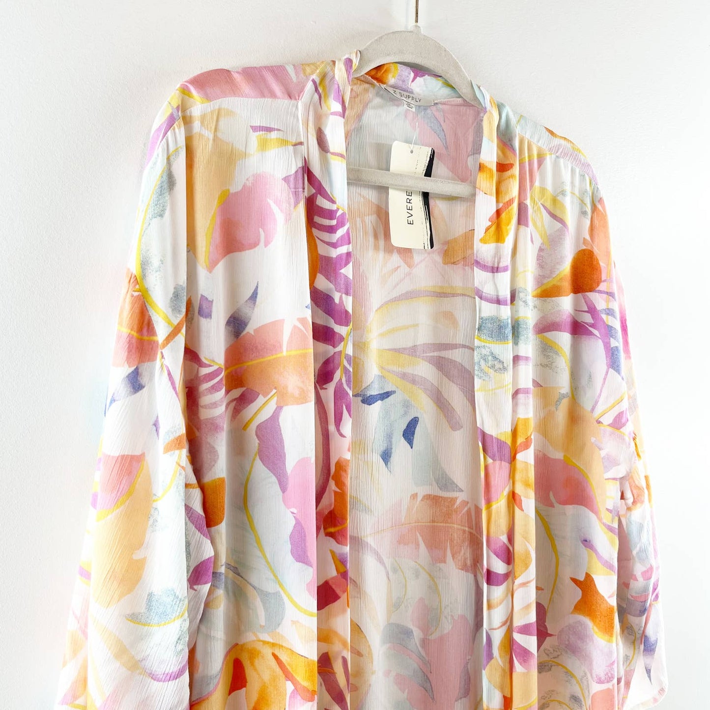 Z Supply Tropical Palm Print 3/4 Sleeve Open Front Maxi Wrap Top Whiteshell M