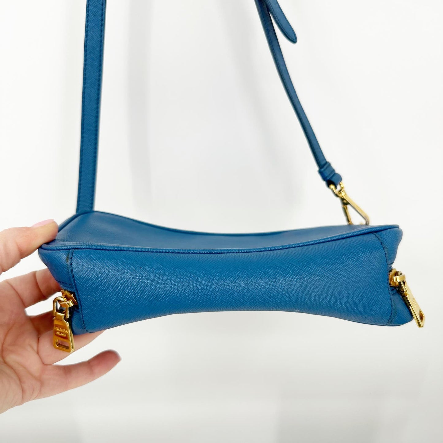 Prada Saffiano Pebbled Leather Small Camera Bag Crossbody Purse Blue