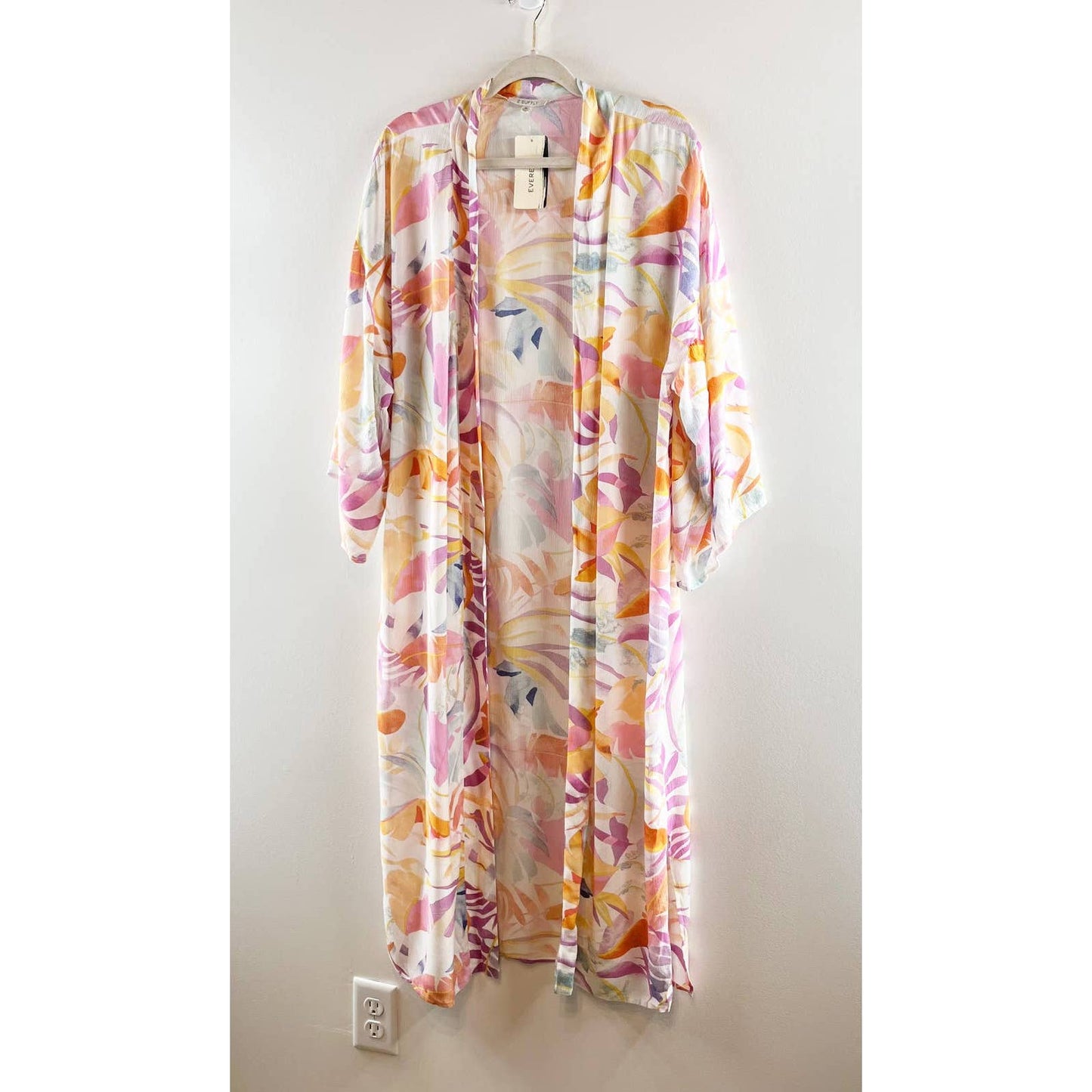 Z Supply Tropical Palm Print 3/4 Sleeve Open Front Maxi Wrap Top Whiteshell M