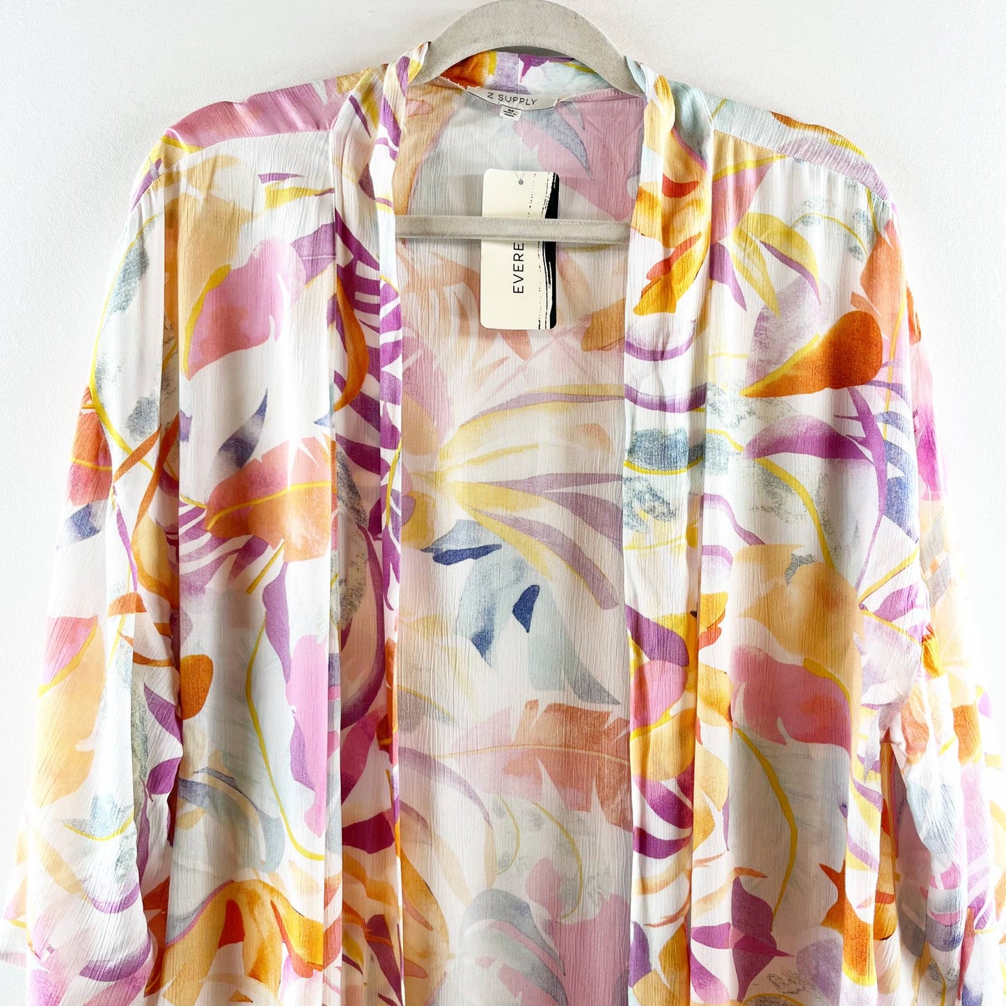 Z Supply Tropical Palm Print 3/4 Sleeve Open Front Maxi Wrap Top Whiteshell M