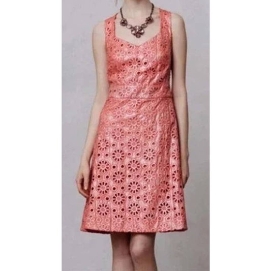 Anthropologie Maeve Efeey Shimmer Floral Eyelet Dress Coral Pink 6