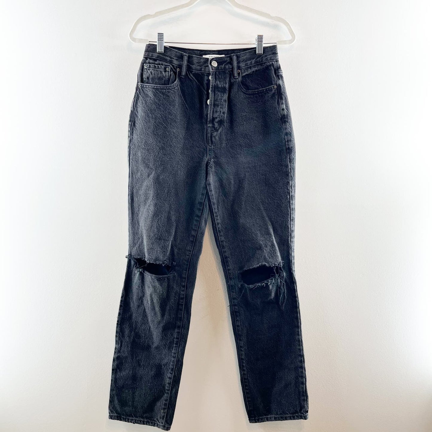 PacSun High Rise Distressed Button Fly Straight Leg Dad Jeans Black 27 / 4