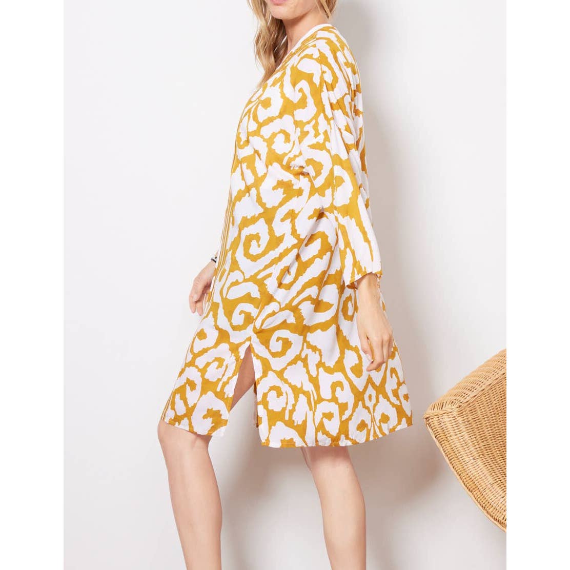 Tolani 3/4 Sleeve Open Front Sahara Duster Kimono Yellow Gold White One Size