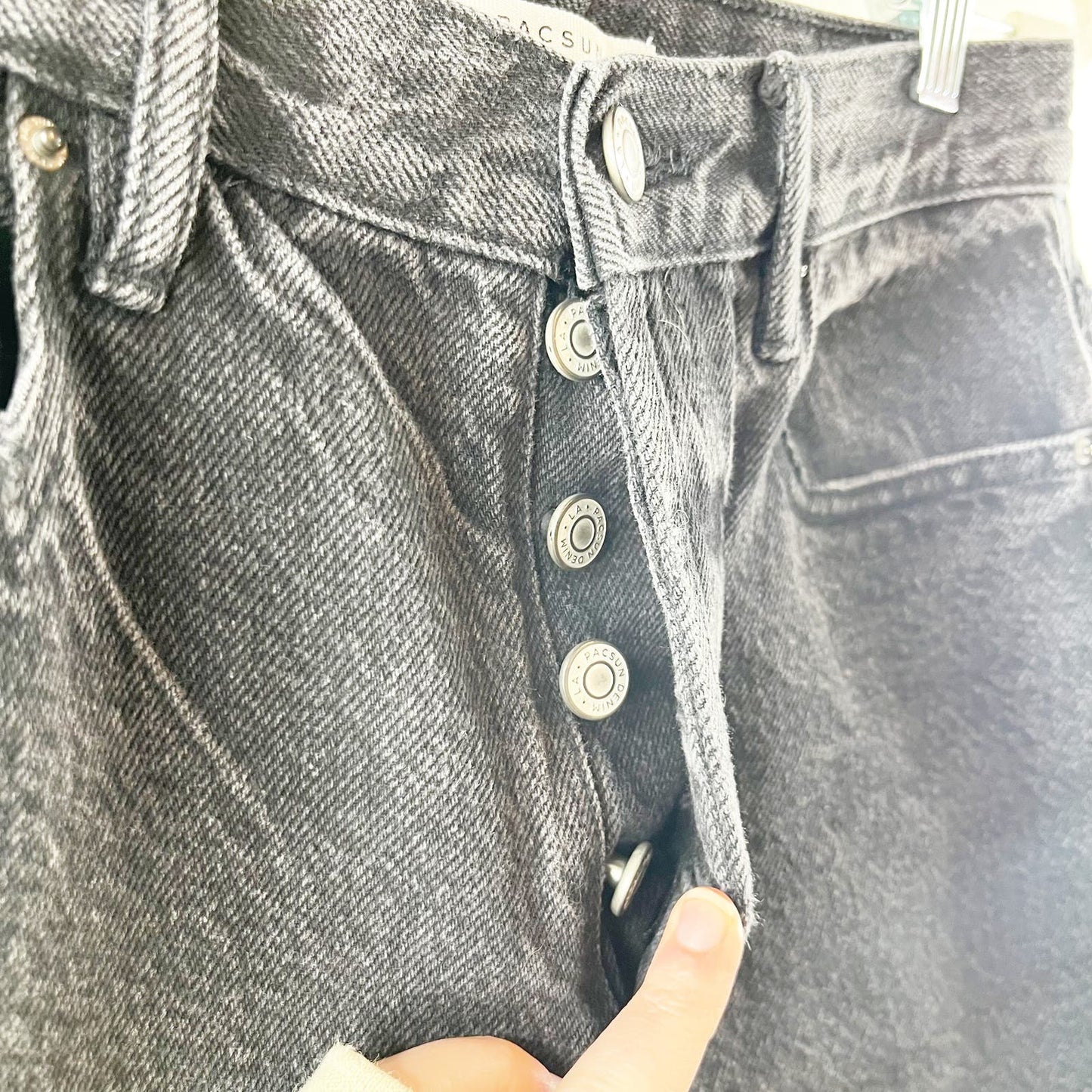 PacSun High Rise Distressed Button Fly Straight Leg Dad Jeans Black 27 / 4