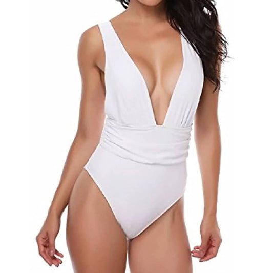 Plunge High Waisted Ruched Front Crossed Back One Piece Swimsuit White Small
