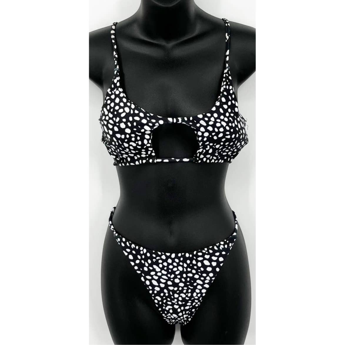 ZAFUL Two Piece Spotted Dalmation Cutout Swimsuit Bikini Black Large