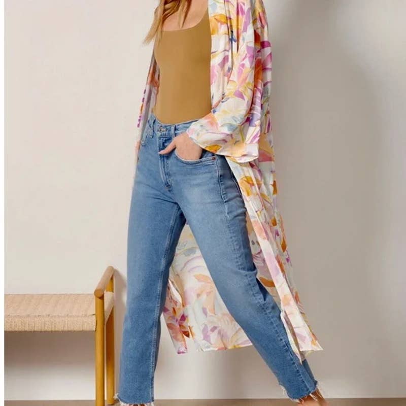 Z Supply Tropical Palm Print 3/4 Sleeve Open Front Maxi Wrap Top Whiteshell M