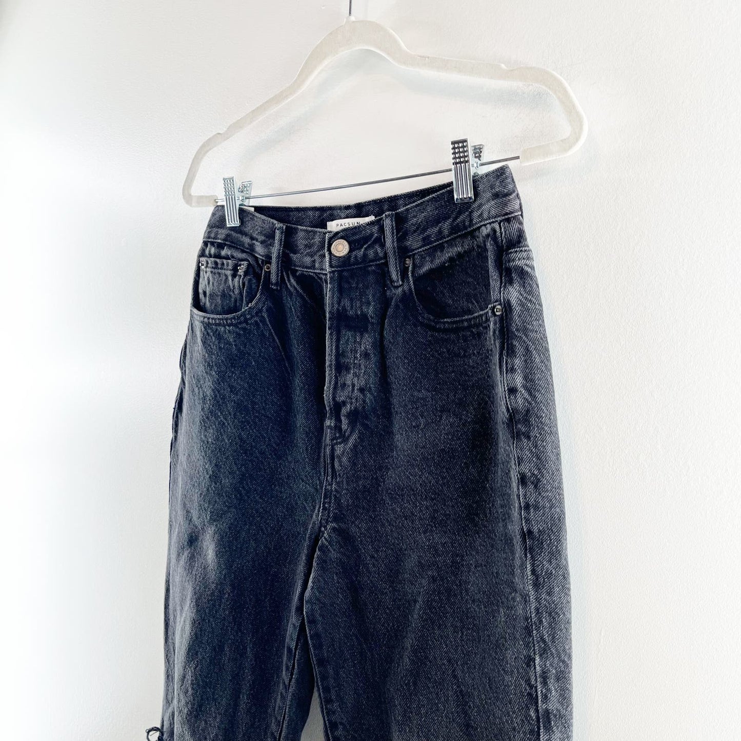 PacSun High Rise Distressed Button Fly Straight Leg Dad Jeans Black 27 / 4