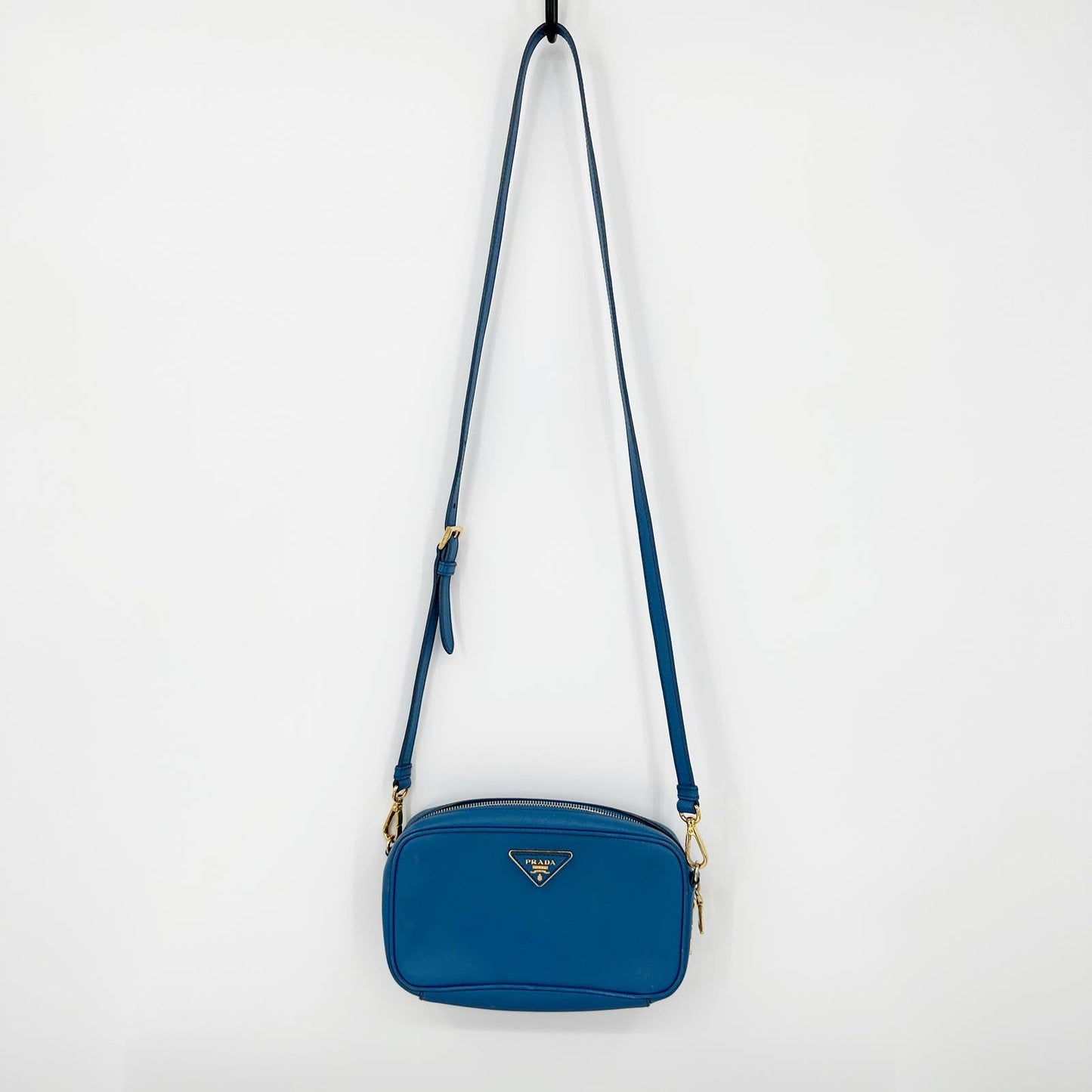 Prada Saffiano Pebbled Leather Small Camera Bag Crossbody Purse Blue