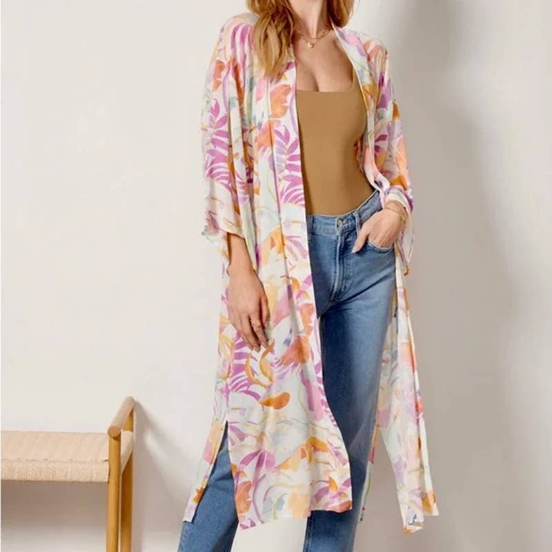 Z Supply Tropical Palm Print 3/4 Sleeve Open Front Maxi Wrap Top Whiteshell M