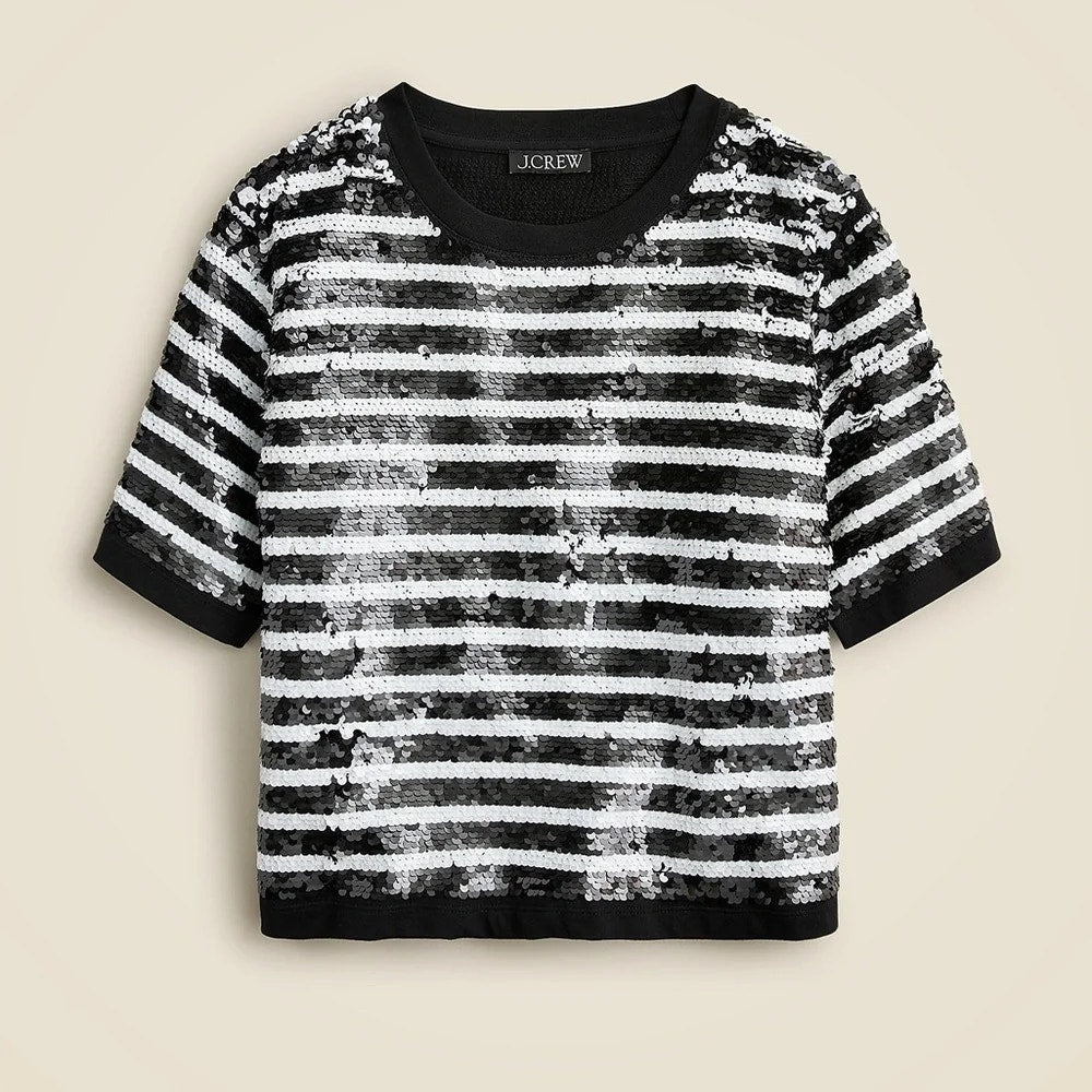 J. Crew Sequin Stripe Boxy Short Sleeve T-Shirt Top  Black White XL