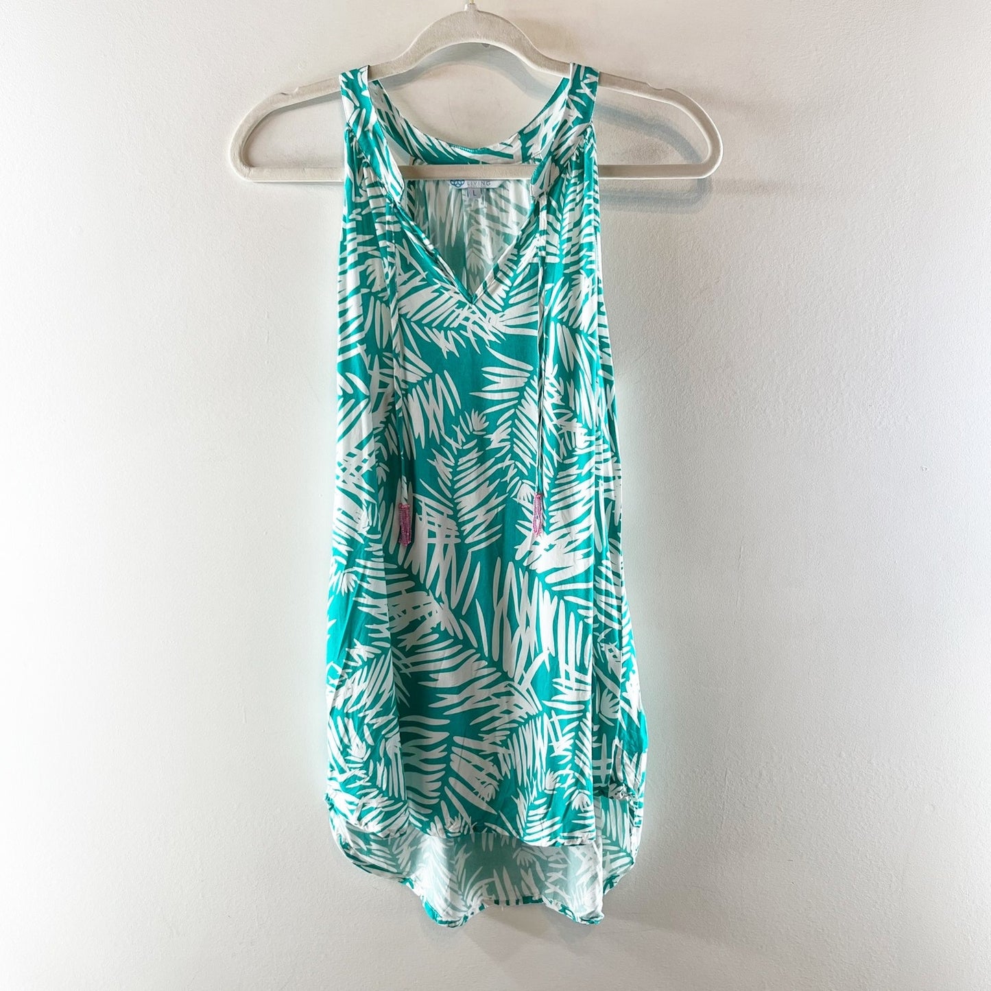 Escapada Living Palm Print Sleeveless V-Neck Tassel Tie Tank Top Blue White L