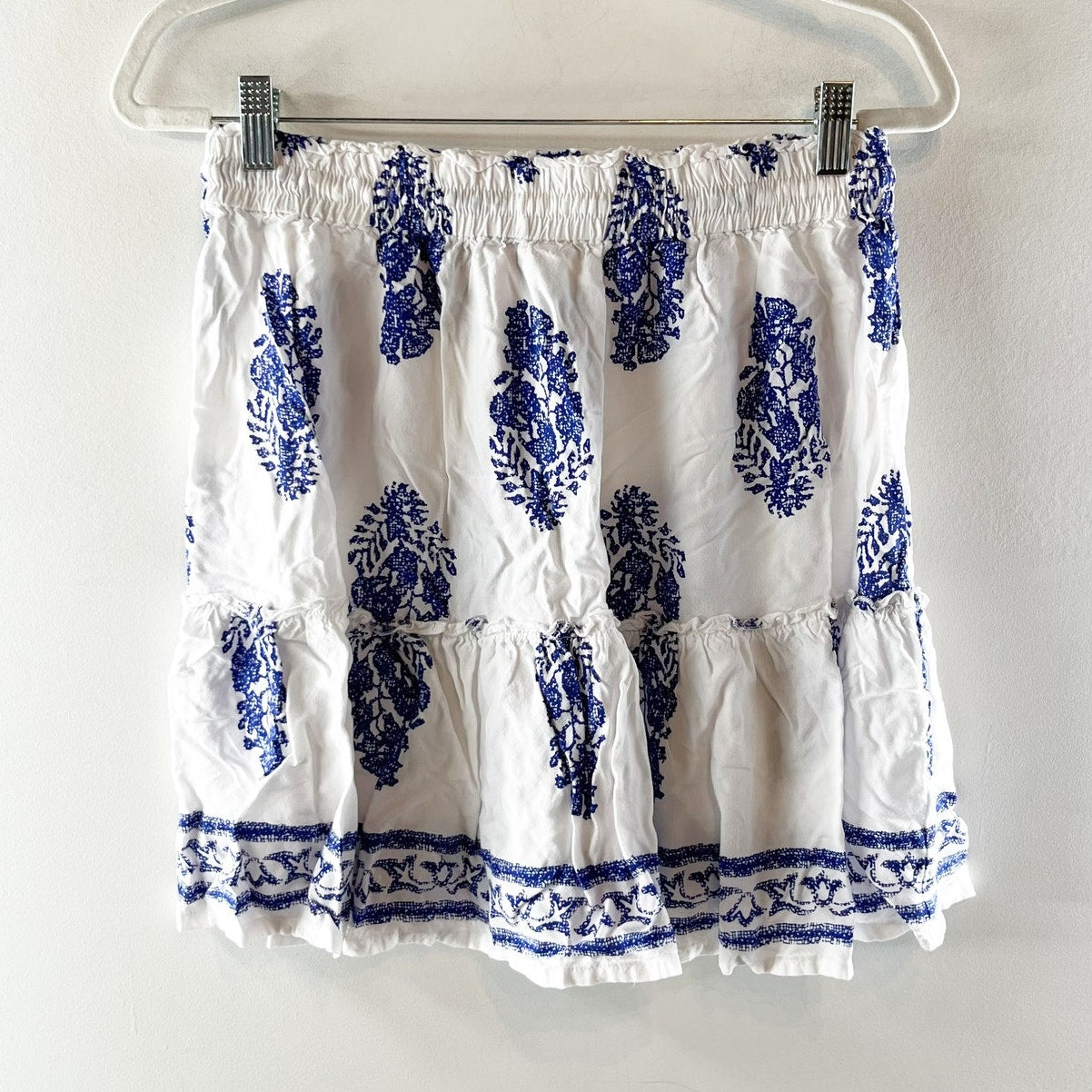 Devi Floral Print Pull On Drawstring Waist Mini Skirt White Blue Large