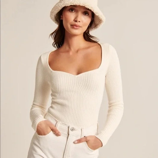 Abercrombie Sweetheart Long Sleeve Ribbed Sweater Bodysuit White Medium