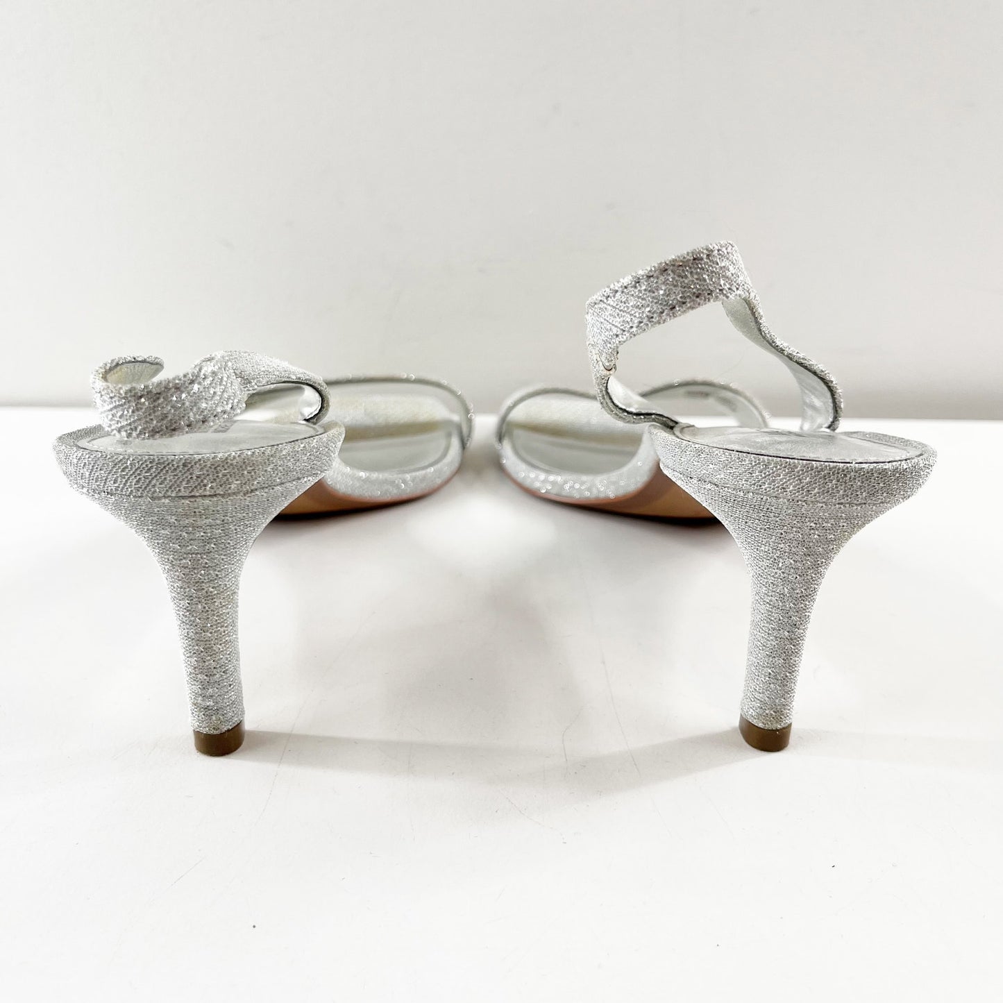 Michael Kors Pixie Fine Glitter Mila Slingback Kitten Heel Sandals Silver 9.5