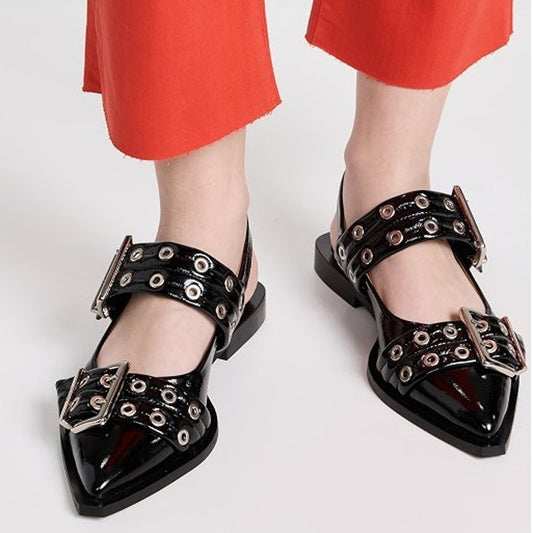 Black Patent Leather Buckle Slip On Pointed Toe Slingback Flat Shoes 39 / 8.5