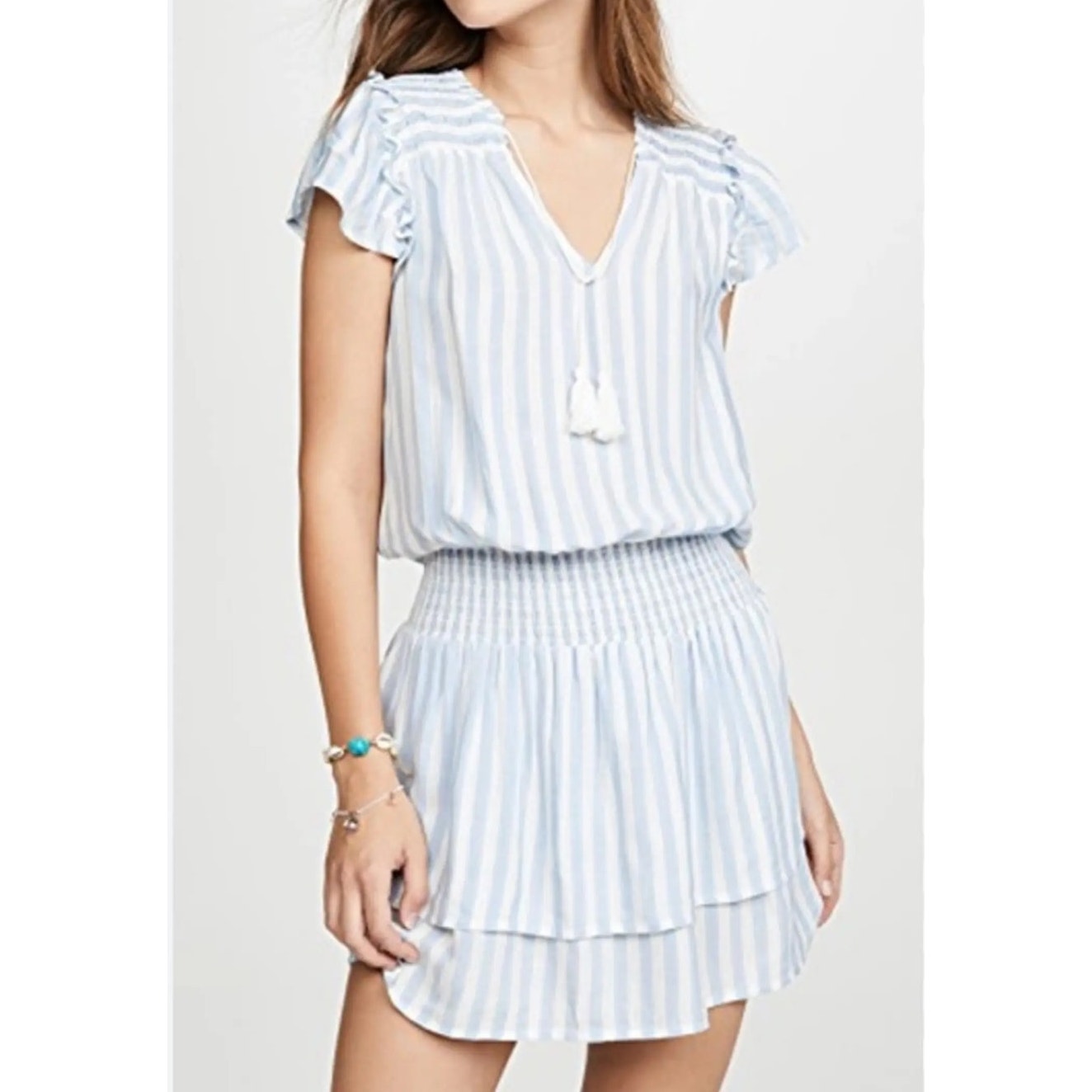 Paige Christina Striped Short Sleeve Smocked Waist Mini Dress Blue White Medium