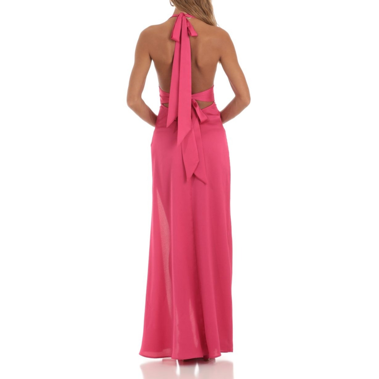 Lucy In The Sky Plunge Tie Back Ruffle Slit Satin Maxi Dress Gown Pink XXS
