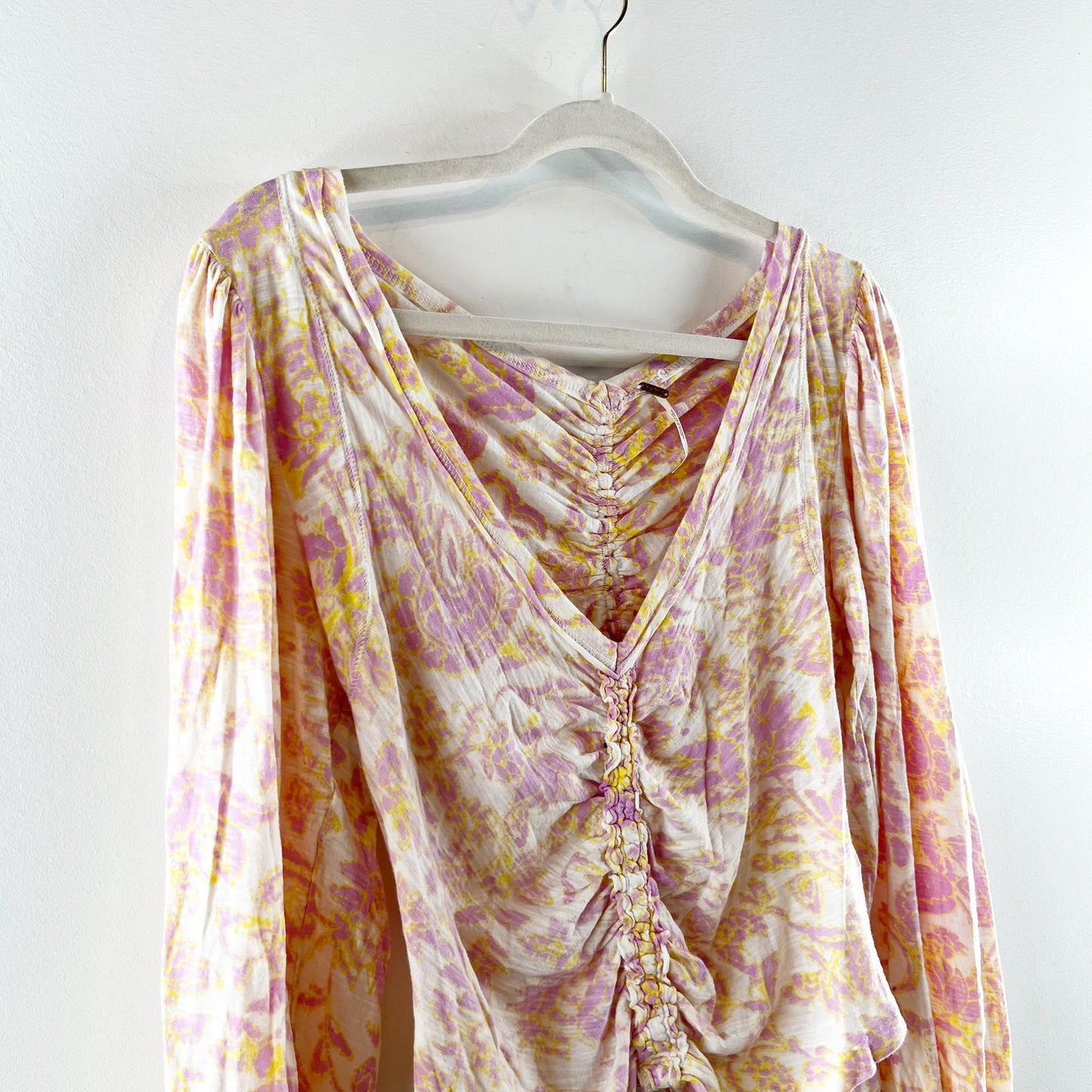 Free People Say The Word Ruched Floral Long Sleeve Top Pink Yellow Small