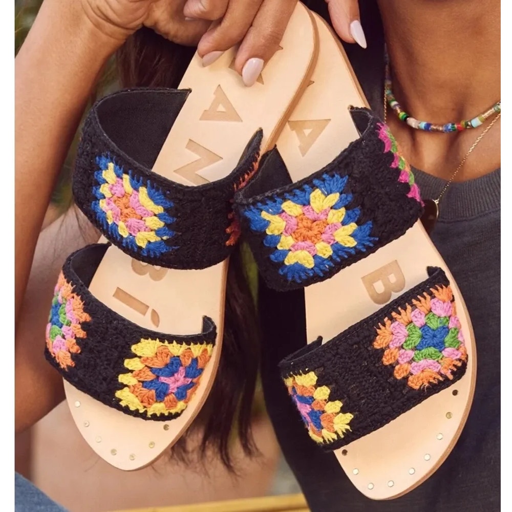 Manebi Cotton Crochet Two Strap Flat Sandals Yucatan Black Sunset Orange 38