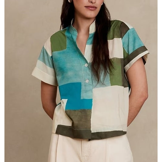 Banana Republic Short Sleeve Cotton Button Front Pleated Back Top Yuzu Zest XL