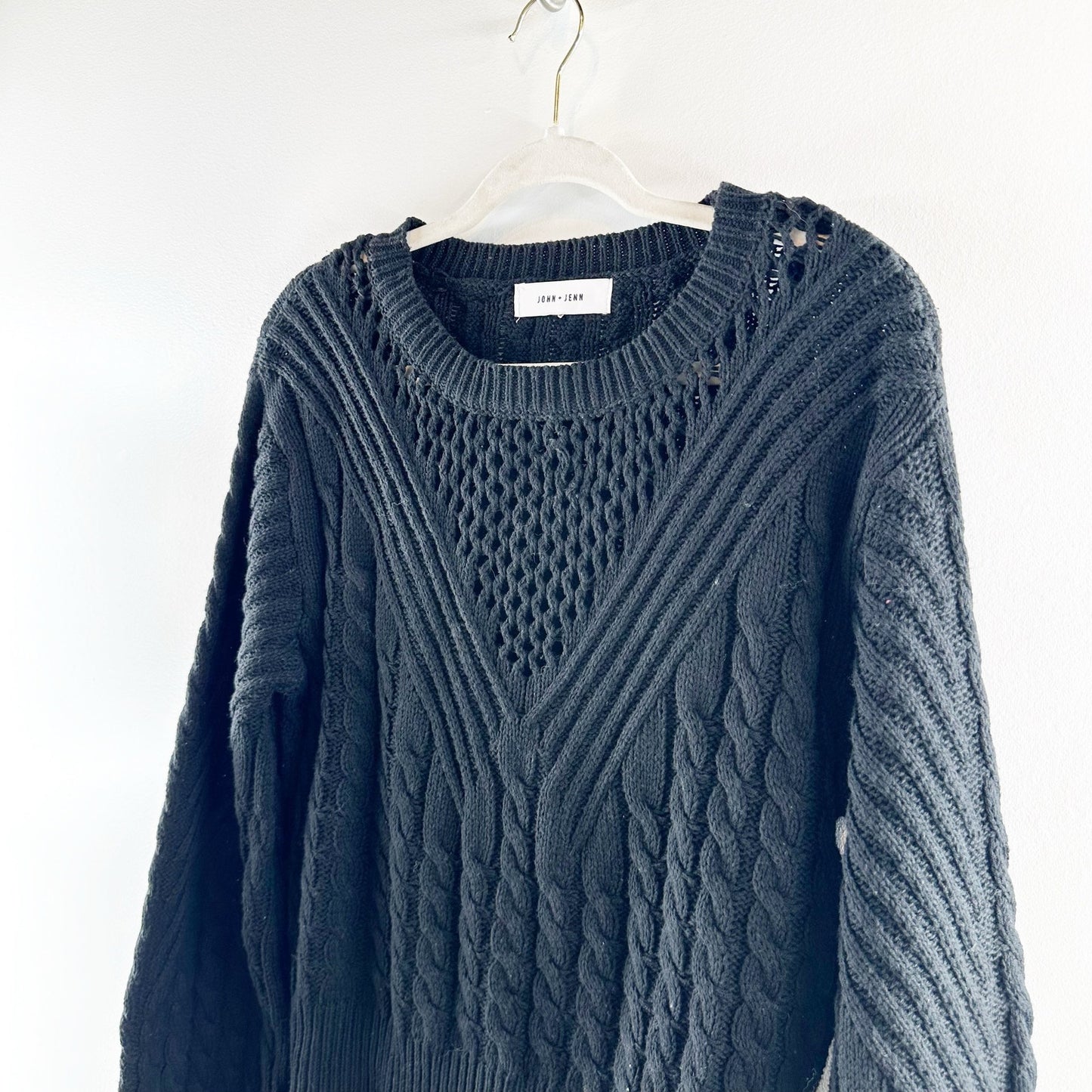 John + Jenn Irving Cotton Blend Long Sleeve Cable Knit Cropped Sweater Black XS