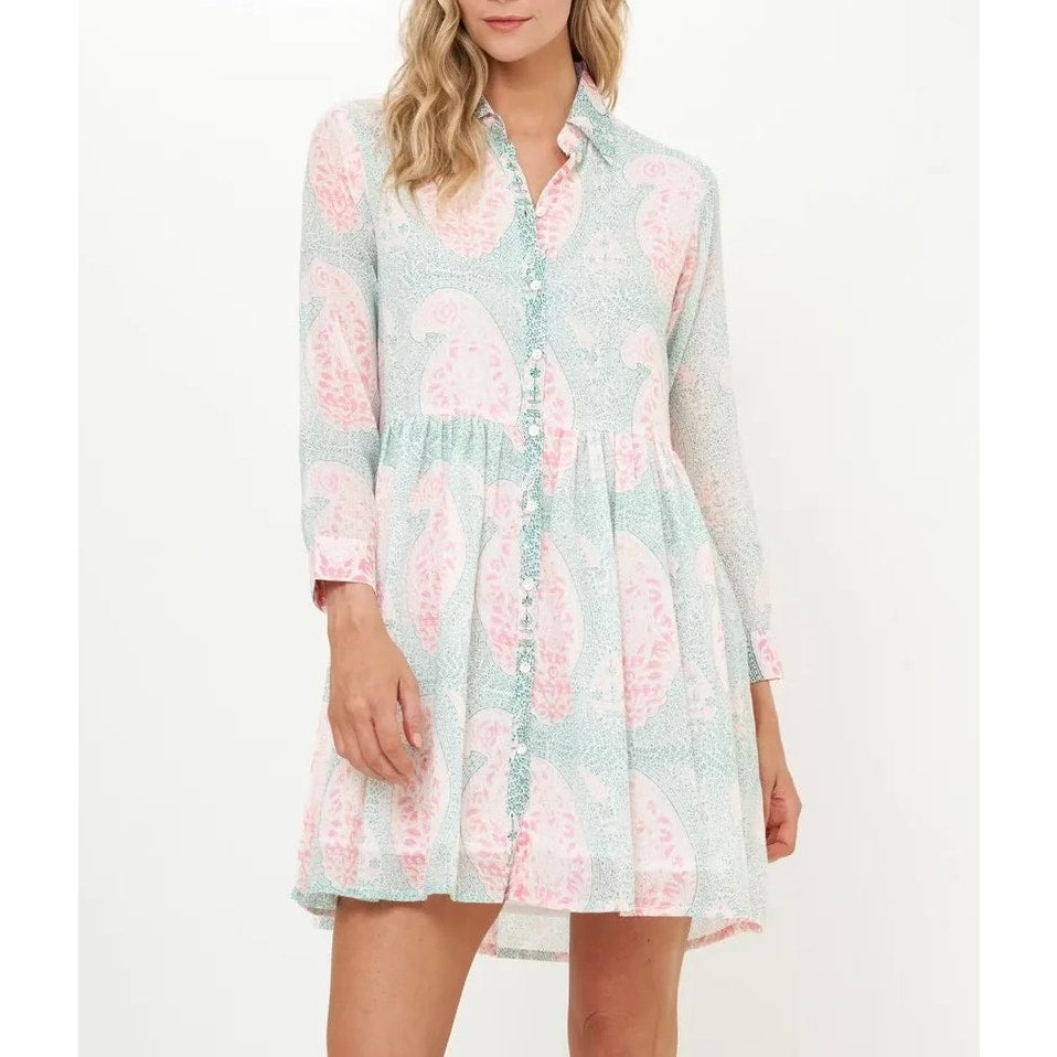 Oliphant Samode Long Sleeve Babydoll Mini Tunic Dress Green Pink Large