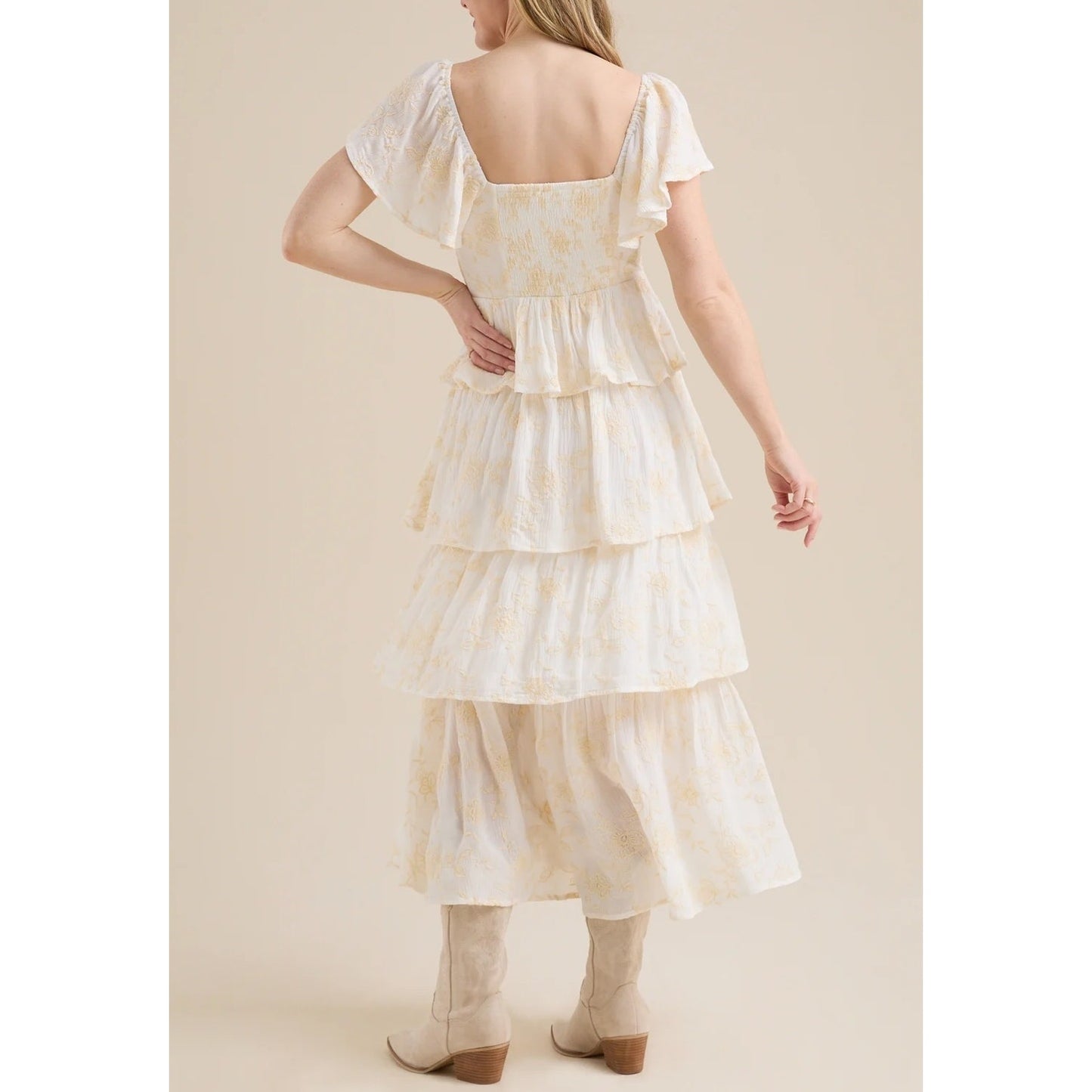 Altar'd State Roxanne Layered Tiered Ruffle Maxi Dress Ivory Yellow Medium